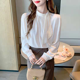 2026春季法式高级感立领缎面衬衫女长袖气质飘带衬衣醋酸上衣