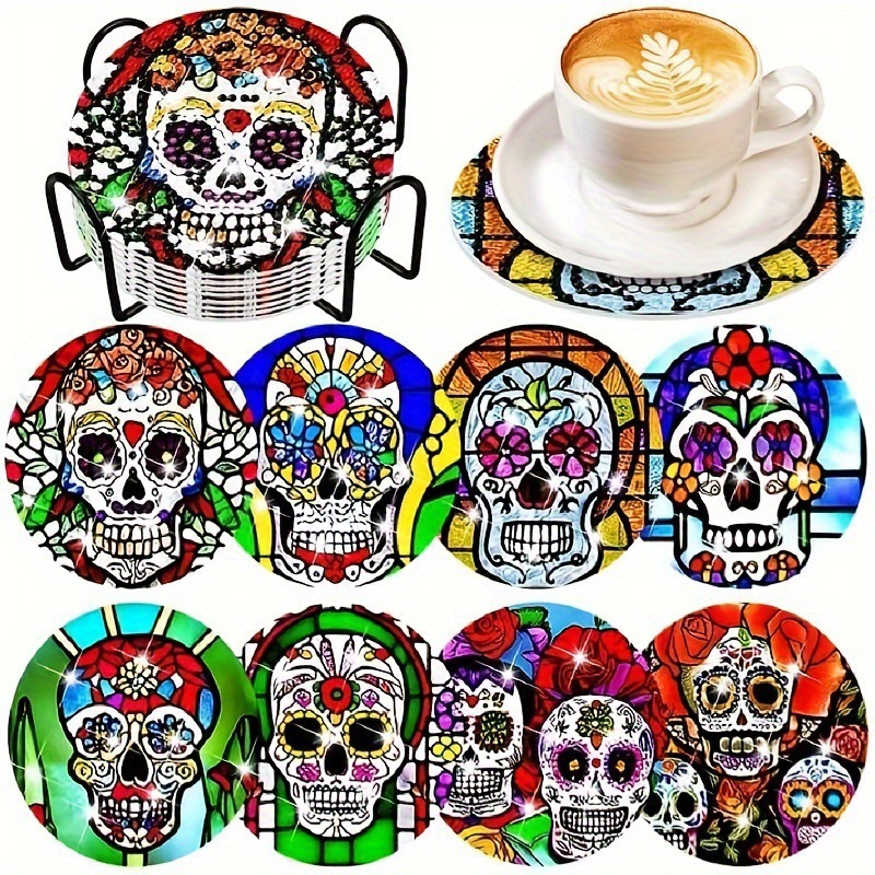 Ventas transfronterizas calientes de 8 piezas de conjunto de cojín de taza de arte de diamante, con soporte, pequeño conjunto de pintura de diamante, adecuado para adultos