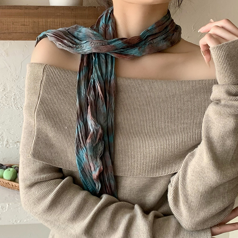 Bufanda de seda para mujer, lujo ligero, sentido de alta gama, arte japonés, color sólido, bufanda de seda plisada, bufanda de todo fósforo, bufanda de cuello