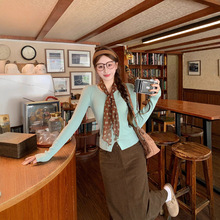 大码女装韩系绿色长袖针织衫2025早秋新款修身薄款毛衣半身裙套装