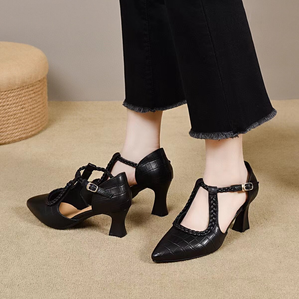 Giày sandal cao gót nữ mũi nhọn quai ngang da thật gót 5 cm — Màu đen - 5cm