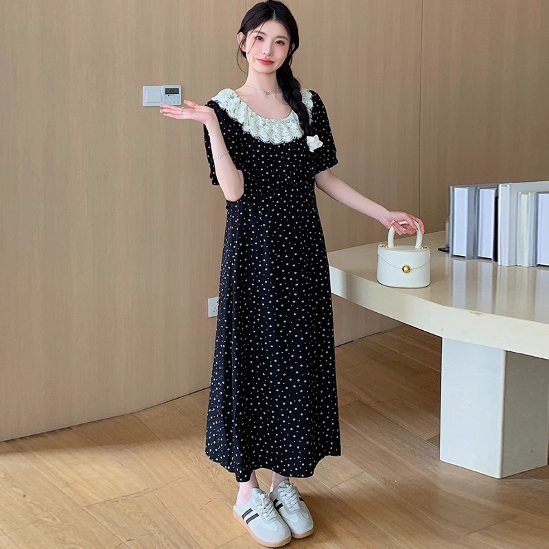 孕妇连衣裙2025新款夏季孕期法式蕾丝花边黑色碎花裙夏款孕妇裙子|undefined