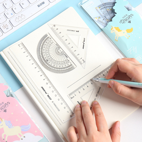 Elementary school student stationery ruler set transparent triangle set children's ruler cartoon four-piece cute ruler set wholesale