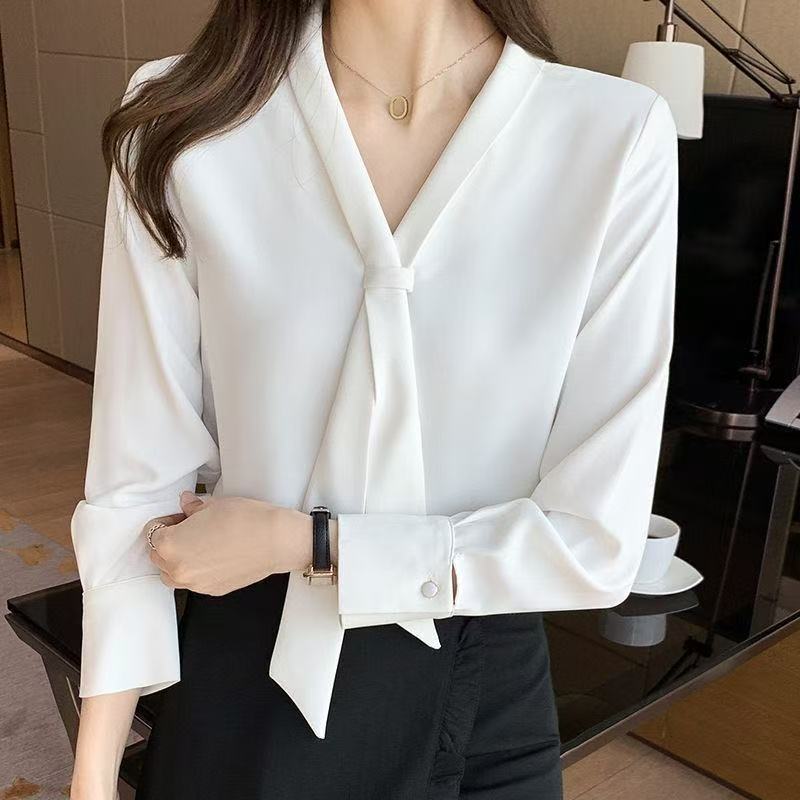 Spring and Autumn New Style Plus-Size Professional Blouse for White-Collar Workers, Chiffon Niche Slimming Elegant Goddess French Long-Sleeve Shirt