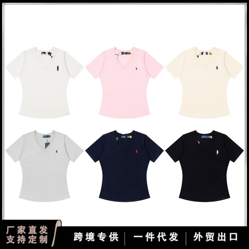 Cross-Border Rl Ralph New Cotton Short-Sleeve V-Neck T-Shirt Knitwear for Women, Light Luxury Fashion Versatile Style