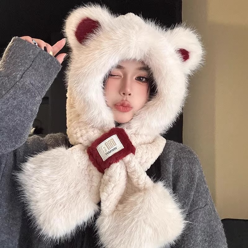 安哥拉红毛绒小熊帽子女2025冬季新款秋冬加厚保暖围巾手套一体|undefined
