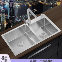 加厚手工水槽双槽304不锈钢大单槽厨房洗菜盆洗碗池套餐台上下盆
