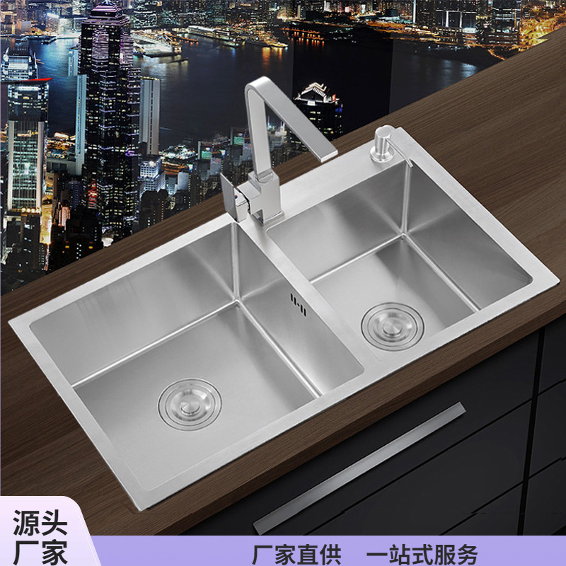 加厚手工水槽双槽304不锈钢大单槽厨房洗菜盆洗碗池套餐台上下盆|undefined