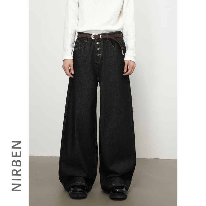Nirben Cowboy | Multi-Breasted Denim Black Straight Jeans Men's Trendy Brand Loose and Versatile Wide-Leg Long Pants