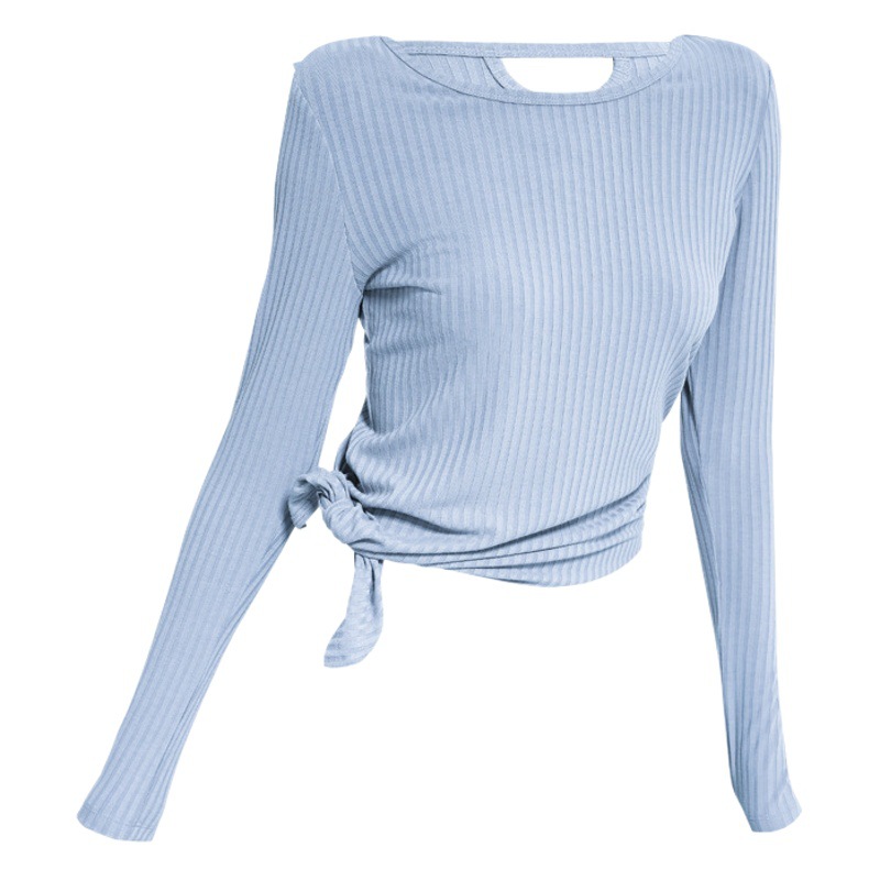 Europa y América costilla deportes top de las mujeres de manga larga apretado ropa de yoga irregular corriendo hendidura ropa de entrenamiento camiseta
