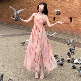 海边温柔系穿搭海南三亚度假沙滩裙子气质超仙拖尾长裙图片色雪纺