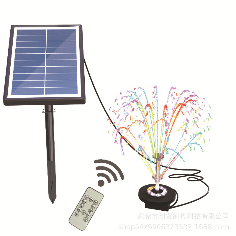 跨境新款太阳能喷泉带灯带遥控分体式地插户外水池鸟浴花园喷泉