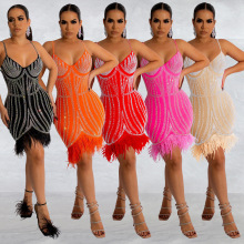 C6156跨境速卖通亚马逊欧美时尚女装无袖裹胸烫钻羽毛肩带连衣裙