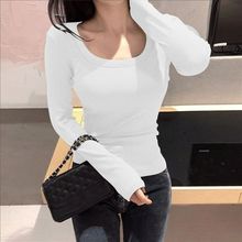 秋季新款U领螺纹T恤女装时尚百搭显瘦打底衫内搭透气温柔跨境批发