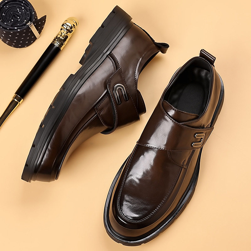 Giày da nam xỏ chân kiểu lười dán Velcro cổ thấp , gót 3–5 cm — bông đen, đơn màu nâu, đơn màu đen