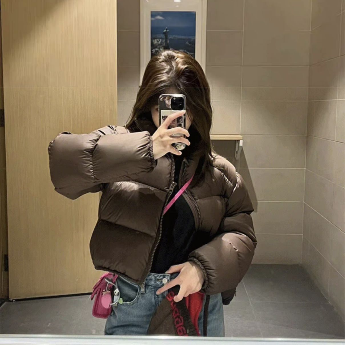Women's Coffee Brown Puffer Down Coat Stand Collar Short Fit_voghion.com