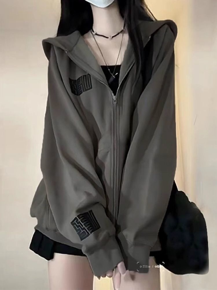 Korean-style hooded sweatshirt, 2026 autumn/winter new model from Jimo, American retro dark gray mid-length zip-up cardigan jacket