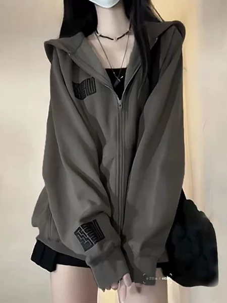 Korean-style hooded sweatshirt, 2026 autumn/winter new model from Jimo, American retro dark gray mid-length zip-up cardigan jacket