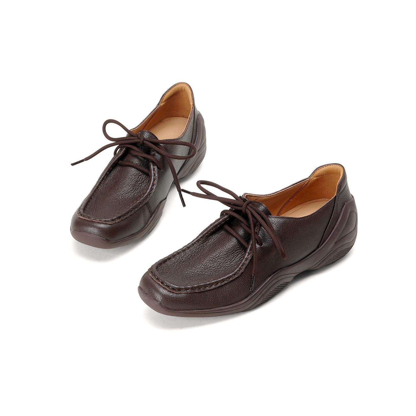 Giày lười nữ mũi vuông da cừu mềm phong cách DeTrain vintage, đế bệt buộc dây — màu nâu chi tiết 17