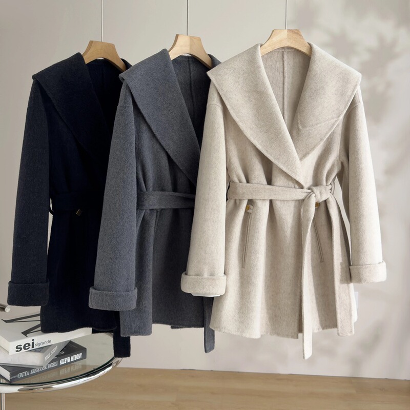 Woolen Korean-Style Lapel Tie Alpaca Wool Coat Winter Mid-Length Gray Double-Sided Woolen Coat for Women