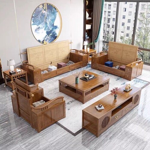 New Chinese style solid wood sofa combination living room furniture complete set of small and medium-sized apartment simple winter and summer dual-use sofa removable and washable