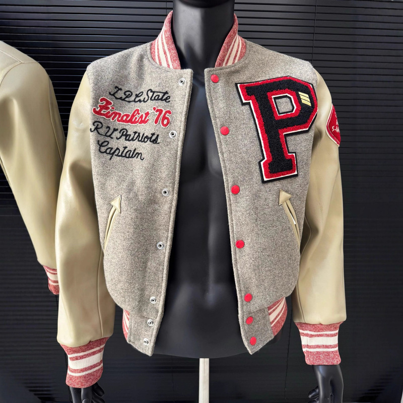 Jianguo Dongyang Baseball Jacket Make Foreign Trade 1976 Retro Heavy Embroidery Patchwork Leather Men's and Women's American Style Waist-Cinching Jacket