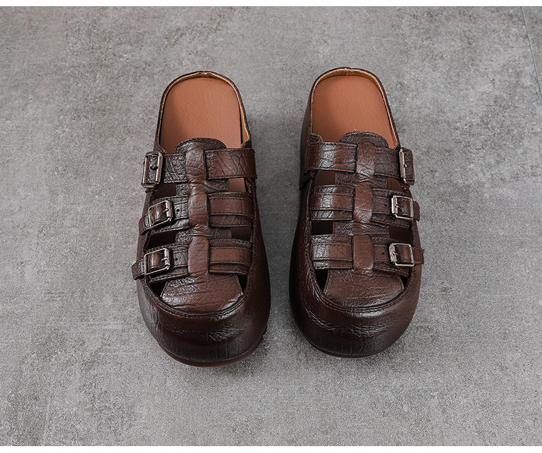 Dép sandal nữ da bò mũi kín đế dày lỗ thoáng khí — màu nâu chi tiết 14