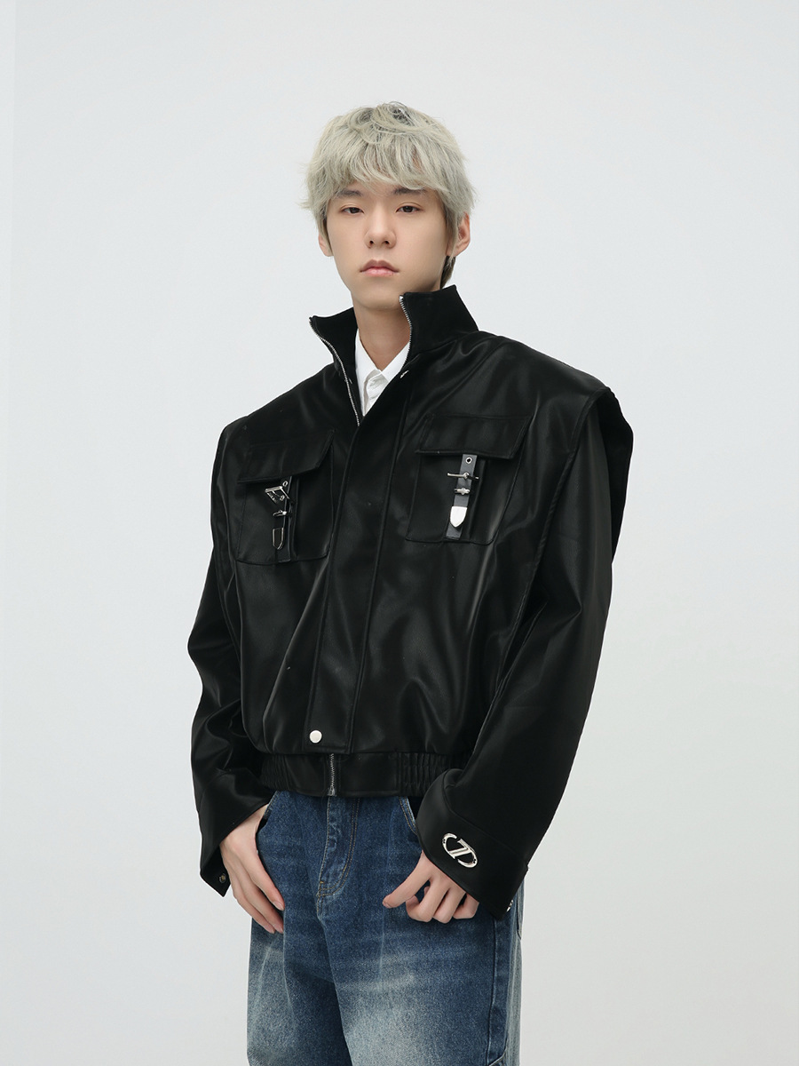 Mtlclothes ropa de Hombre | 2023 Otoño e Invierno nuevo retro americano metal bloqueo hombro pad cuero abrigo