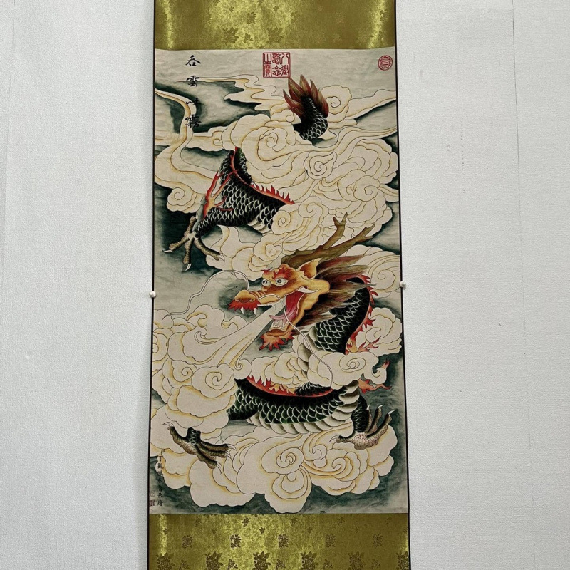 仿古名人字画 丁观鹏神龙图 丝绸画客厅画国画龙卷轴画玄关挂画