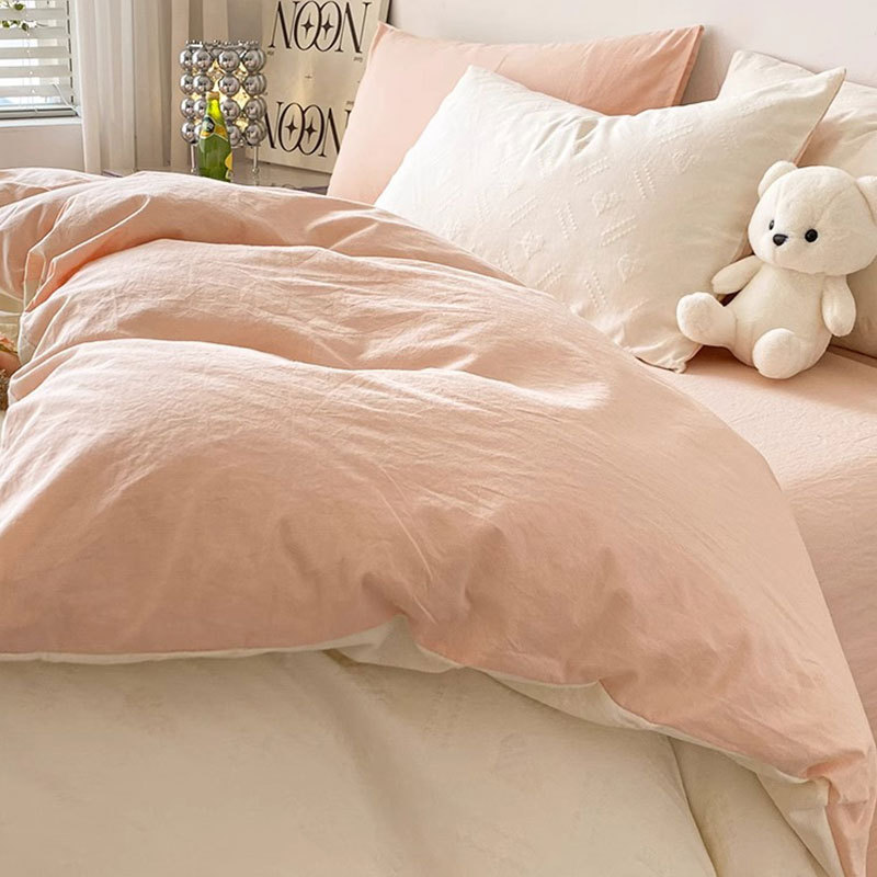 Un juego de cuatro piezas de hilo de doble capa de algodón lavado de algodón puro, sábanas de lujo simples y ligeras, funda de edredón, cama de tres piezas 4