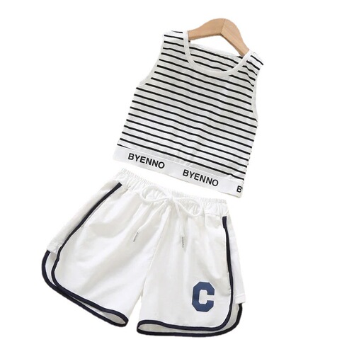 Girls striped vest suit summer thin casual short style internet celebrity fashionable children's wear sports shorts two-piece set