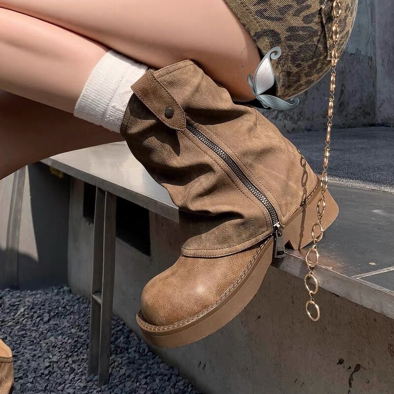 6cm Slimming Inner Height-Increasing Mid-Calf Boots for Women 2025 New Niche Spicy Girl Desert Prairie Stacked Short Boots 6cm Slimming Inner Height-Increasing Mid-Calf Boots for Women 2025 New Niche Spicy Girl Desert Prairie Stacked Short Boots
