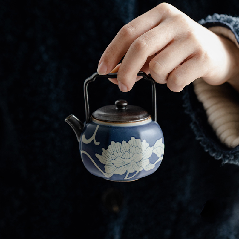 昌朴居纯手绘牡丹八方提梁壶陶瓷单壶茶壶带过滤泡茶壶冲茶