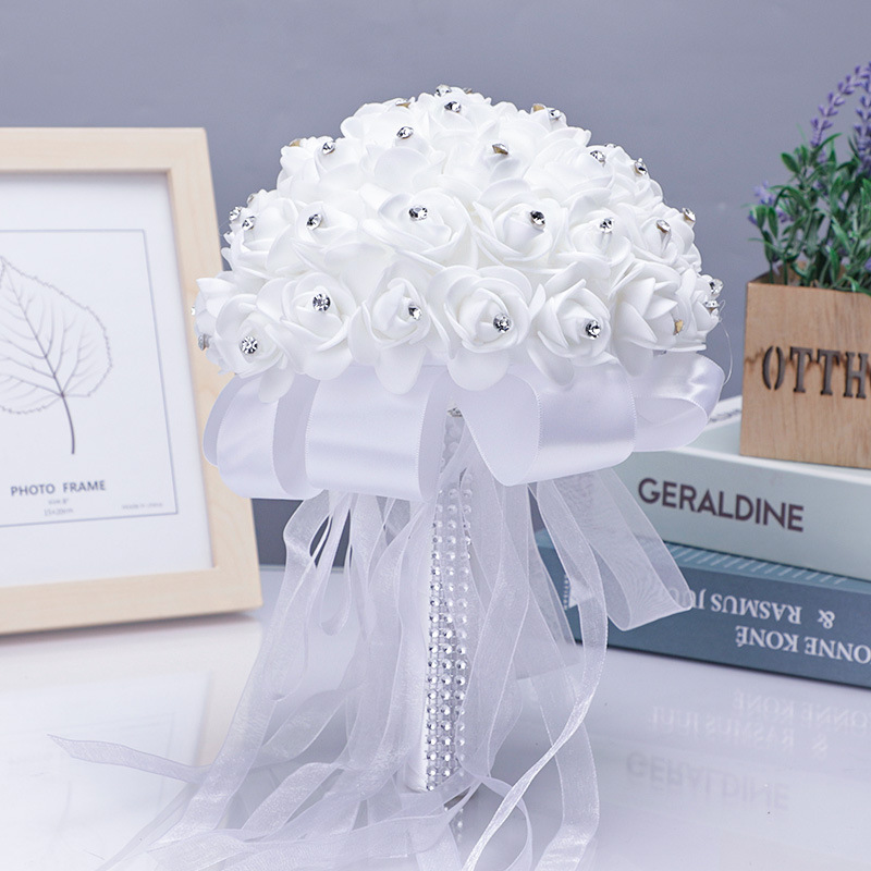 Elegant white diamond-studded wedding bouquet for bride, simulation PE foam flowers, wedding photography shooting props, factory wholesale