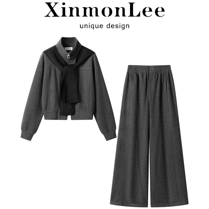 Wide-Leg Two-Piece Set with Slimming Effect, Stand-Up Collar, Korean Style Autumn and Winter Lee Sweatshirt Jacket Inm2025, Casual Onx Cropped Pants Wide-Leg Two-Piece Set with Slimming Effect, Stand-Up Collar, Korean Style Autumn and Winter Lee Sweatshirt Jacket Inm2025, Casual Onx Cropped Pants