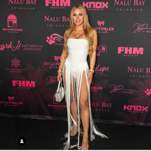 亚马逊速卖通热卖白色绷带连体流苏长裙时尚性感夜店宴会派对礼服