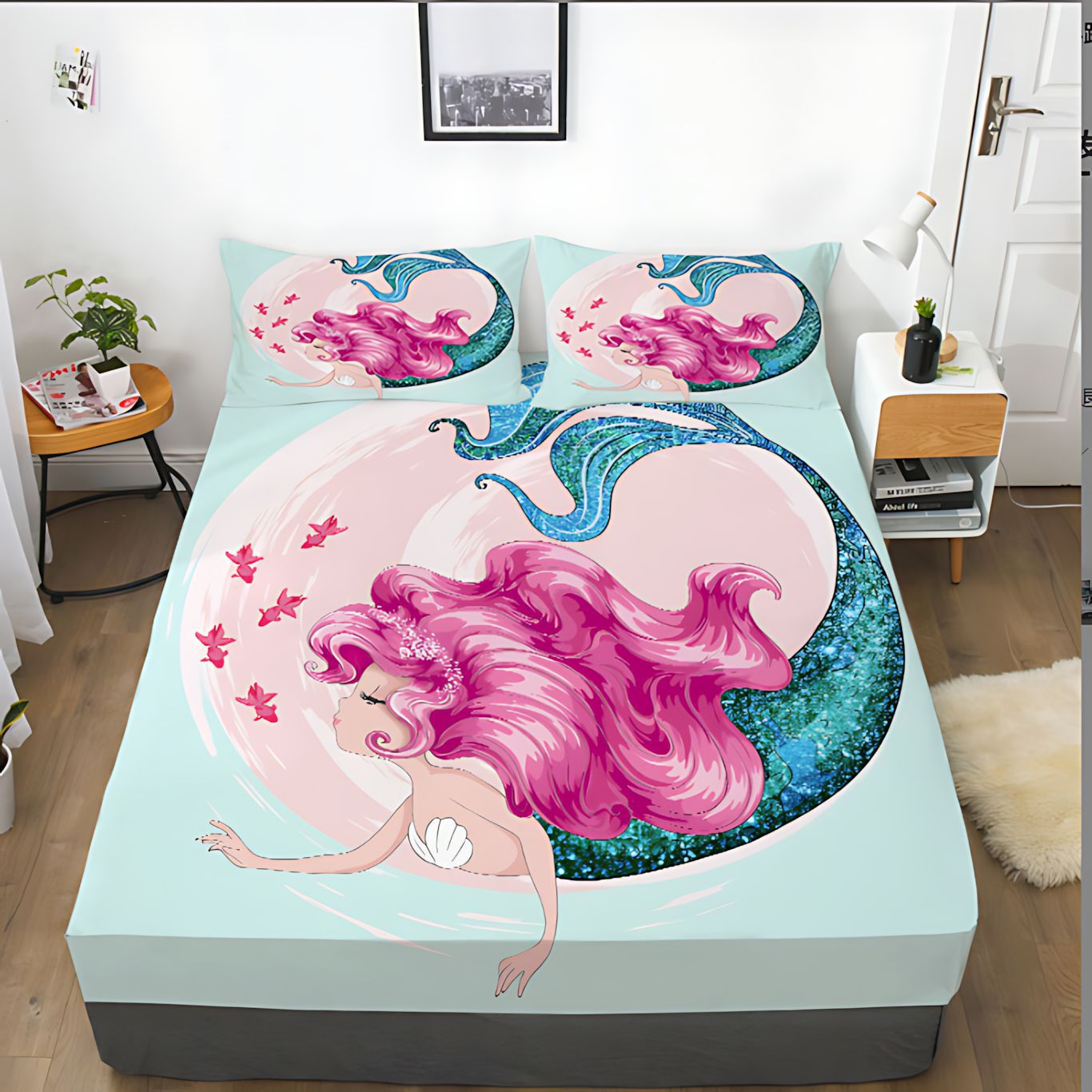 TEMU / JIT Amazonas pequeña sirena dibujos animados 3D impresión digital camas de cama de cama de cama