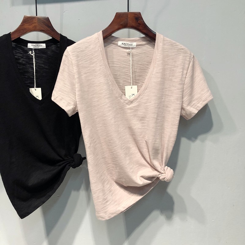 Women's Bamboo Cotton V Neck Short Sleeve T-Shirt Unique Design Slimming Summer Thin Versatile Top_ecoleips.com