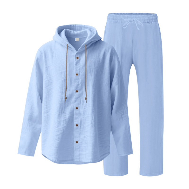Men's Casual Breathable Linen Hooded Long Sleeve Shirt Cardigan Spring Summer Style Loose Fit Set_viptrois.com
