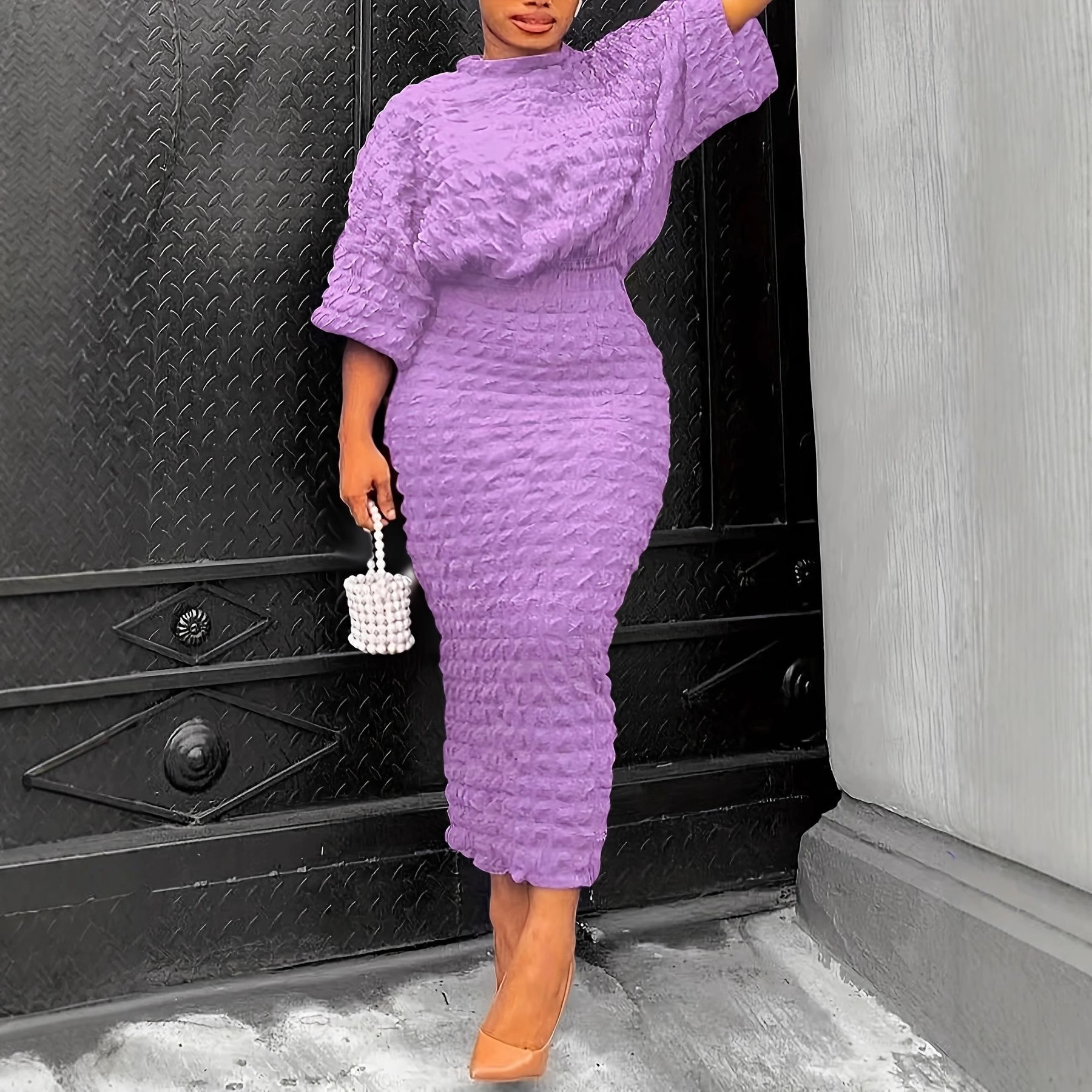 Tb6593 Cross-Border Large Size Pure Color Bubble Cloth Bat Sleeve Top and Skirt Two-Piece Set