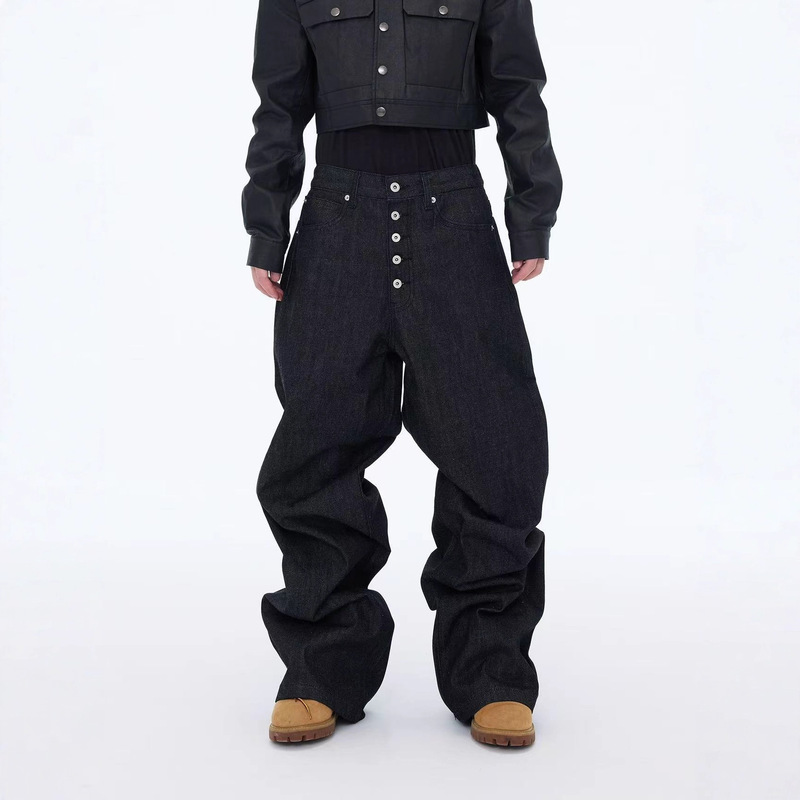 American Retro Baggy Style Three-Dimensional Cut Five-Button Loose Wide-Leg Floor-Length Black Raw Denim Straight-Leg Jeans Trendy