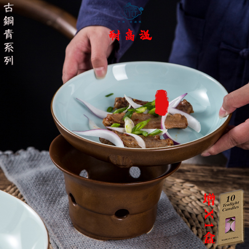 Ceramic alcohol candle heating open stove vintage sky blue and white copper dry pot hot dish plate suit creative commercial tableware