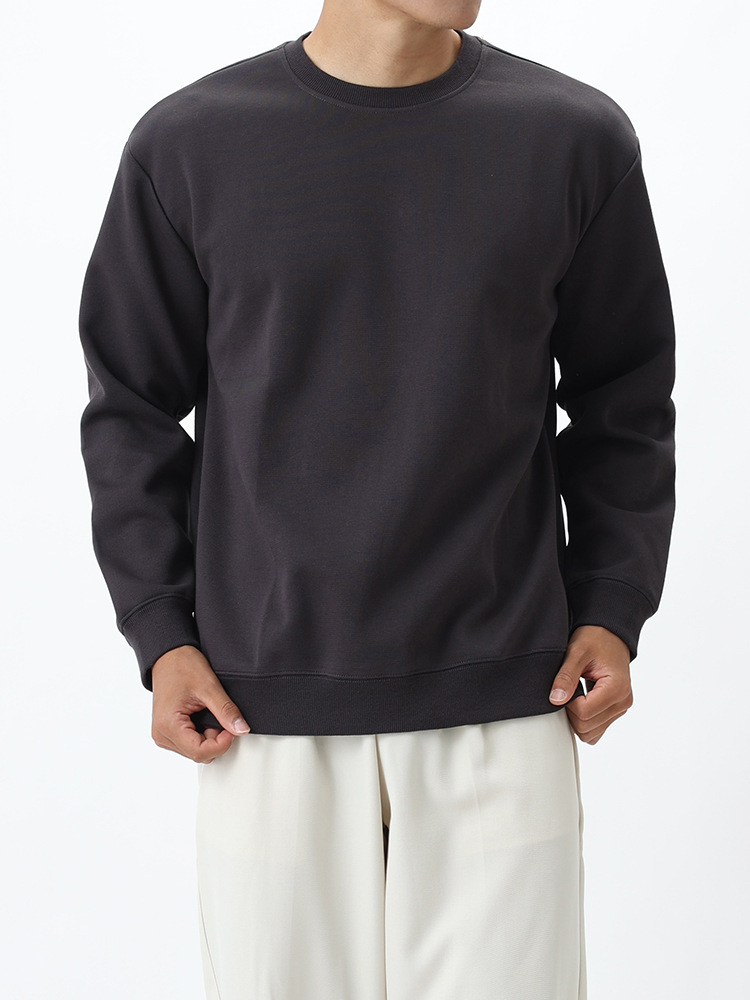 500G pesado de color sólido de cuello redondo de algodón chaqueta de lujo ligero de alto nivel de sensación suelta camiseta de manga larga chaqueta de hombre