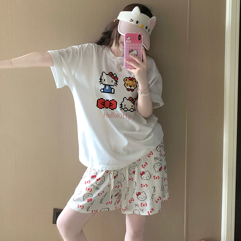 Lindos pijamas de Hellokitty mujeres verano 2025 nuevos pantalones cortos de algodón puro de manga corta traje de servicio a domicilio para niñas