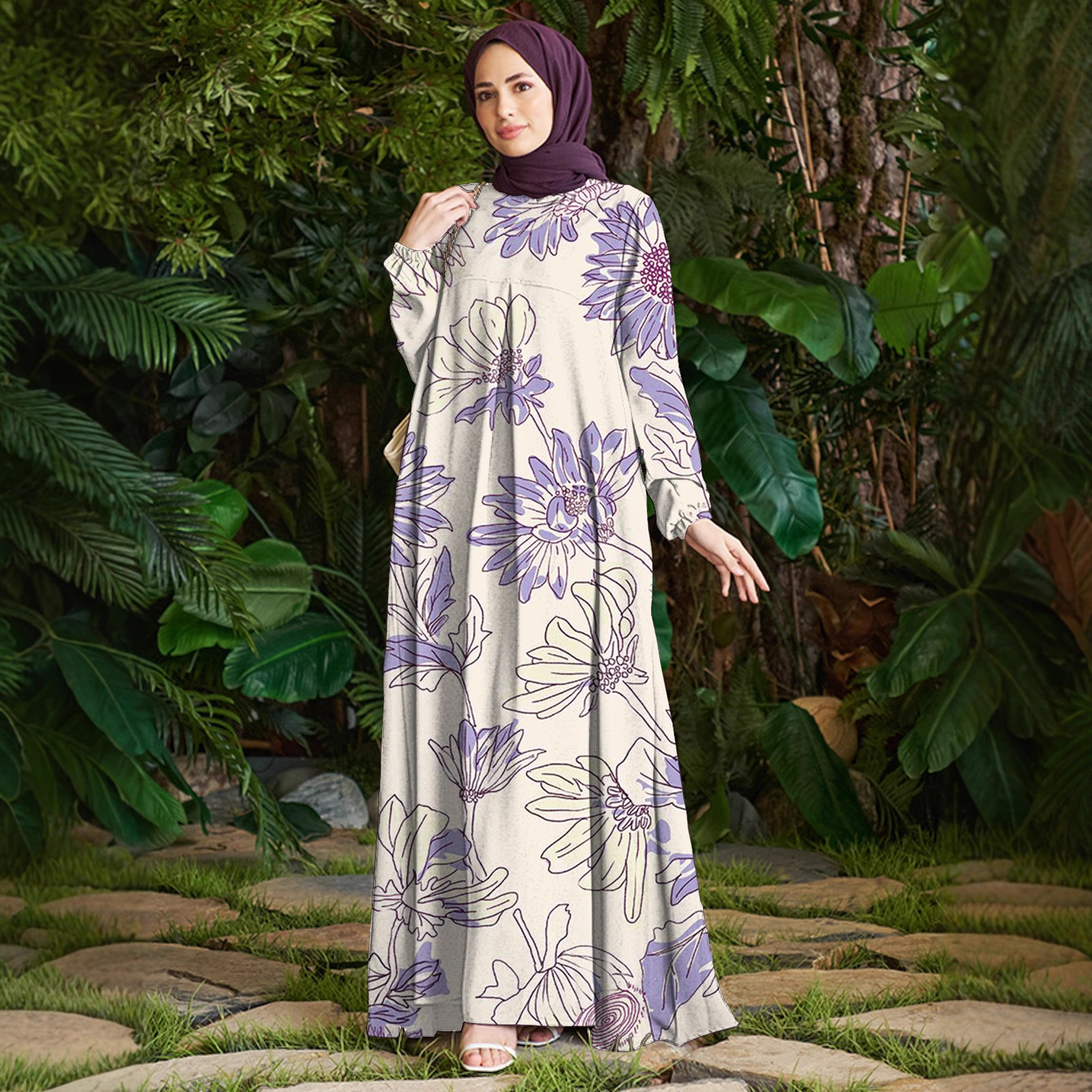 Elegant Floral Print Maxi Dress With Loose Fit - Bohemian Style Long Sleeve Dress For Women, Comfortable Polyester Blend Fabric, Versatile For Parties_ecoleips.com