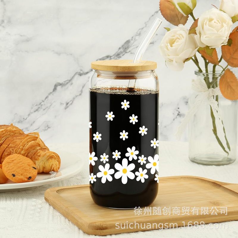 越境アマゾン デイジー柄カスタムプリント コーラストロー付きガラスカップ 母の日ギフトカップ 冷たい飲み物用カップ|undefined