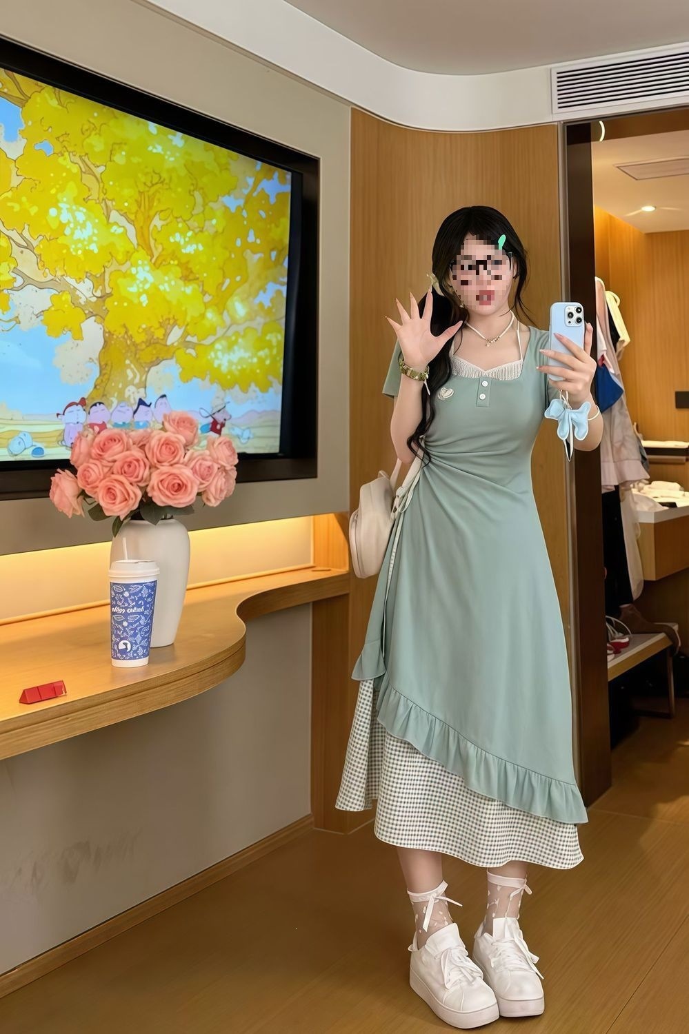 Đầm suông nữ midi tay ngắn phối ren dệt kim cổ tròn, form rộng che khuyết điểm mùa hè — Áo dài màu xanh lá cây (ưu tiên vận chuyển), Áo dài màu xanh da trời (ưu tiên giao hàng), Váy ngắn màu xanh da trời (ưu tiên giao hàng), Váy ngắn màu xanh lá cây (ưu tiên giao hàng) chi tiết 6
