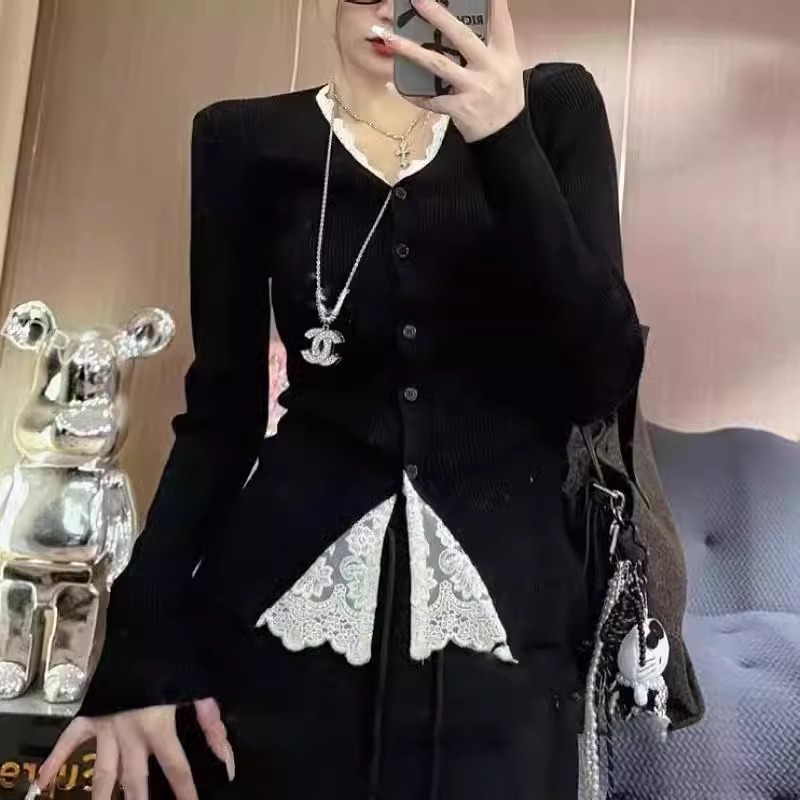 韩系高级感蕾丝拼接长袖T恤女2025秋季新款假两件薄款开衫上衣|undefined