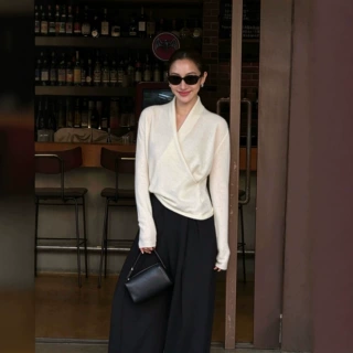 LiHu慧儿 烟山雪落 质感老钱风羊卯针织衫女淡人高知上衣