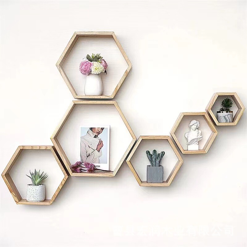 Solid Wood Hexagonal Picture Frame Hexagonal Cultural Wall Hanging Photo Wall Decoration Wholesale Multifunctional Storage Kitchen Organization